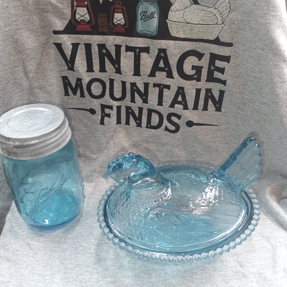 Mason Jar Blue Colored Glass Hen on Nest Dish  - Vintage Style